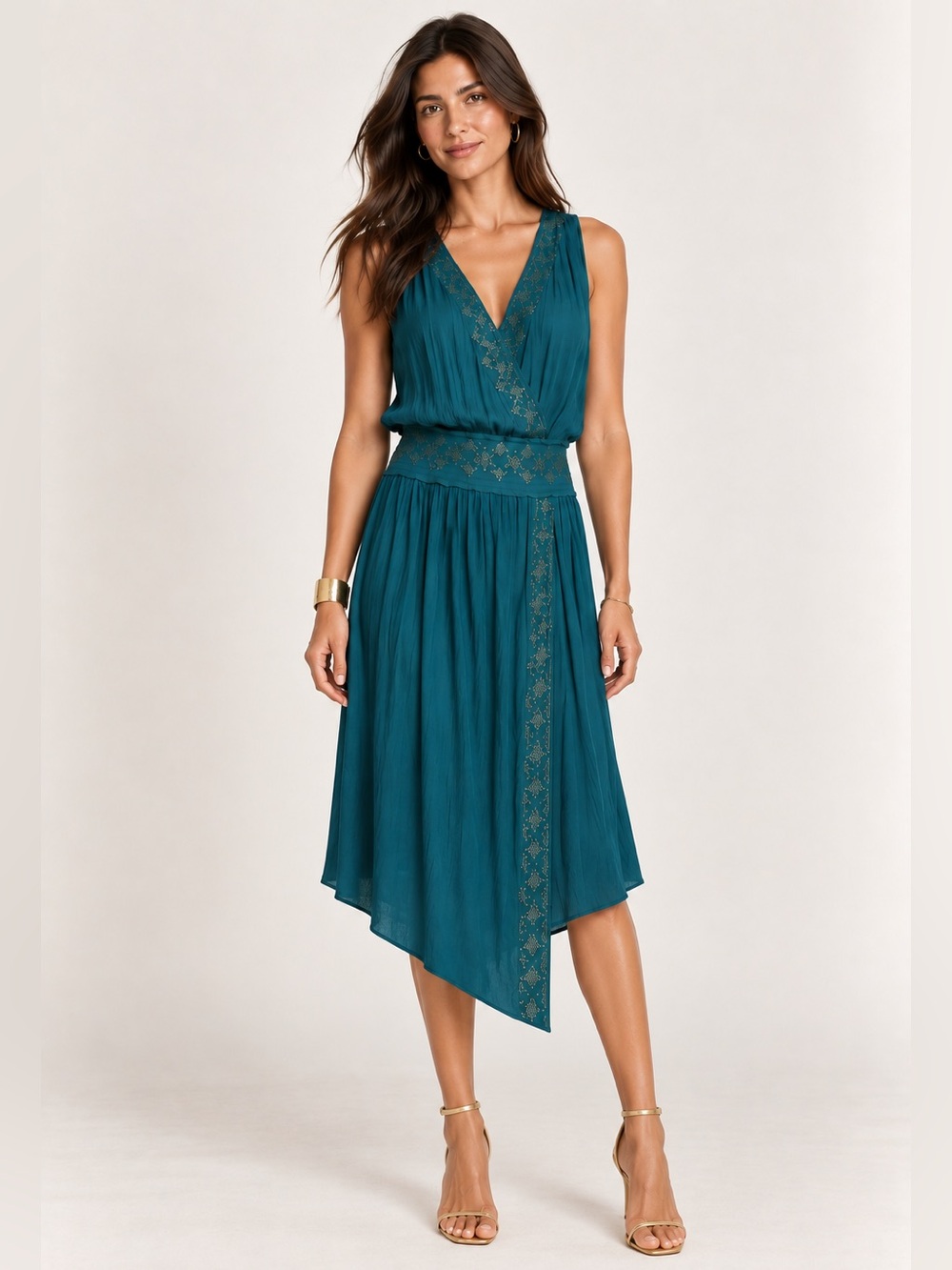 Ramy Brook Teal Studded April V-Neck Dress
